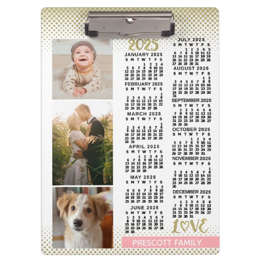 2025 Kalender Rosa Gold Familienfoto Collage Klemmbrett (Vorderseite)
