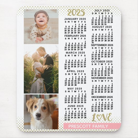 2025 Kalender Rosa Gold Familienfoto Collage Mousepad (Vorne)
