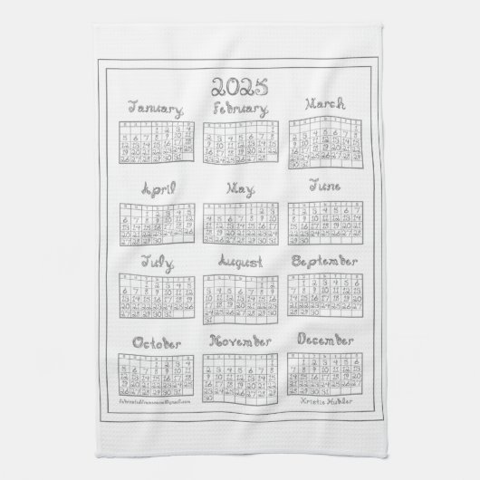 2025 Kalender Silver Gray Stoff Schriftart Nähen T Geschirrtuch (Vertikal)