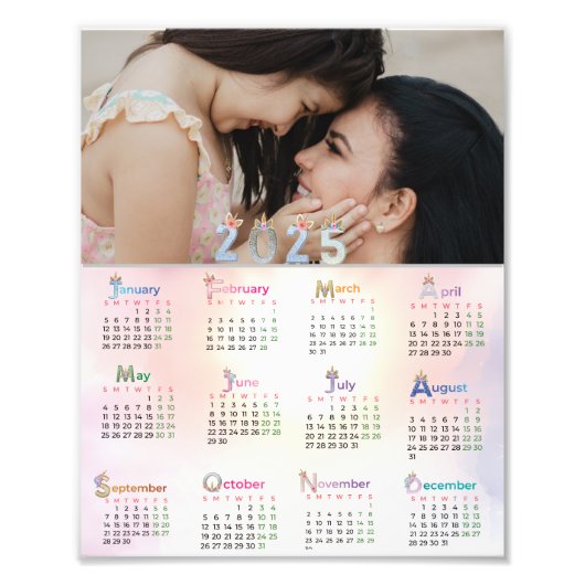 2025 Kalender Wasserfarbe Einhorn Rosa Regenbogen Fotodruck (Vorne)