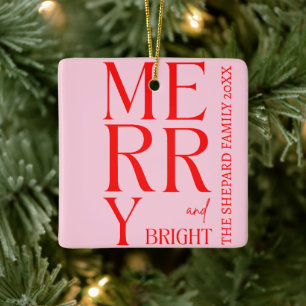 2025 Moderne frohe und helle Rosa Weihnachten Keramikornament