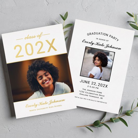 2025 Moderner Elegant Gold Foto Abschluss Folieneinladung