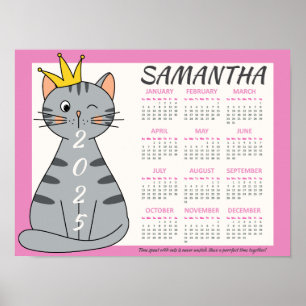 2025 Monats Kalender Süß Rosa Name Spielkatze Poster