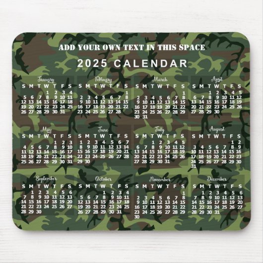 2025 Monatskalender Camouflage Camouflage Grün Mousepad (Vorne)