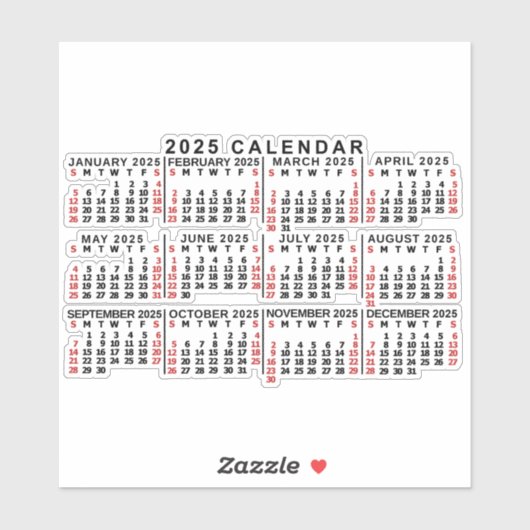 2025 Monatskalender Klassisch Schwarz und Rot Aufkleber (Blatt)