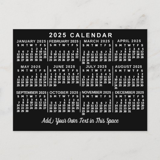 2025 Monatskalender Klassisch Schwarz/Weiß Postkarte (Vorderseite)