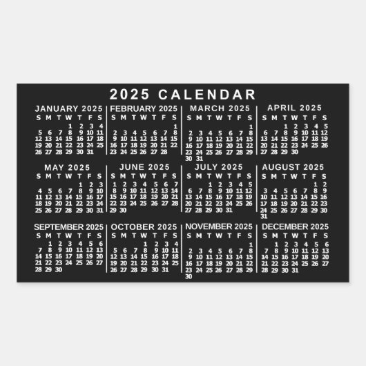 2025 Monatskalender Klassisch Schwarz/Weiß Rechteckiger Aufkleber (Vorderseite)