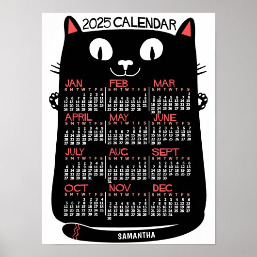 2025 Monatskalender Mittelalterliche Schwarze Katz Poster (Vorne)