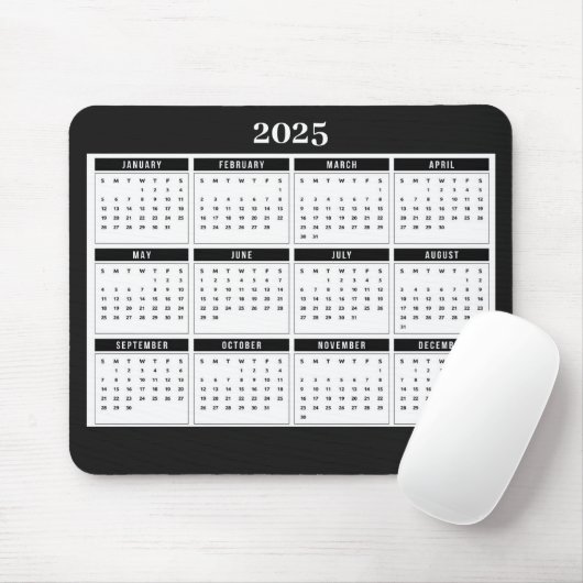 2025 Monatskalender Modernes Schwarz-weiß Mousepad (Mit Mouse)