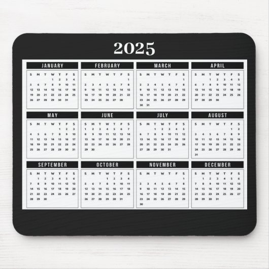 2025 Monatskalender Modernes Schwarz-weiß Mousepad (Vorne)
