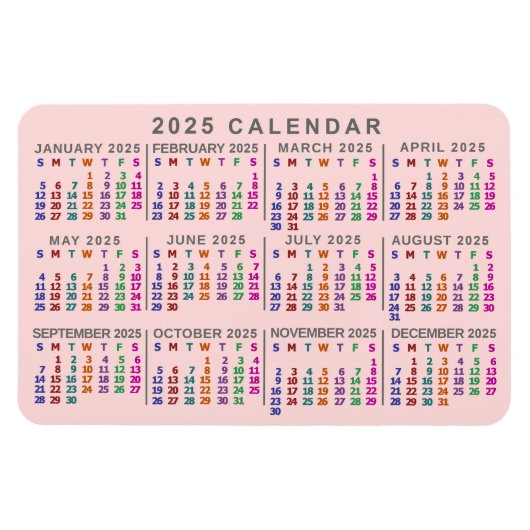 2025 Monatskalender Rosa Farbe rot Magnet (Horizontal)