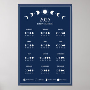 2025 Mondphasen-Lunarzyklen Dunkelblauer Kalender Poster