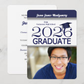 2025 Navy Blue and White Foto Abschluss Einladung (Vorne/Hinten)
