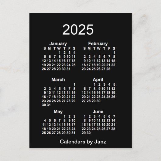 2025 Neon White 6 Month Mini Kalender von Janz Postkarte (Vorderseite)
