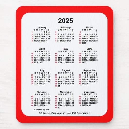 2025 Red 52 Weeks ISO Kalender von Janz Two Tone Mousepad (Vorne)