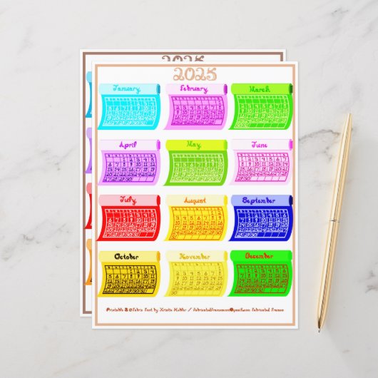 2025 Schriftart Bolzengewebe 12 Farbmonate (Vorderseite/Rückseite Beispiel)