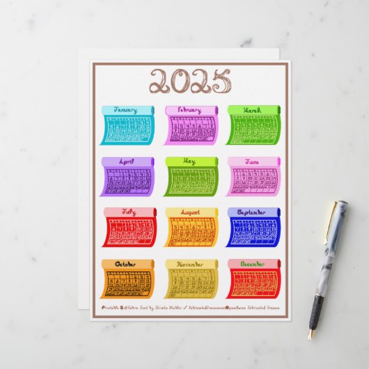 2025 Schriftart Bolzengewebe 12 Farbmonate Briefbogen (Vorderseite/Rückseite Beispiel)