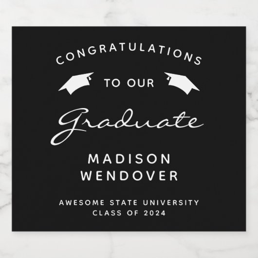 2025 Schwarz-weißer Script Cap Abschluss Schaumweinetikett (Einzelnes Label)