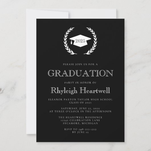 2025 Schwarz-weißes Laurel Wreath Cap Grad Party Einladung (Vorderseite)