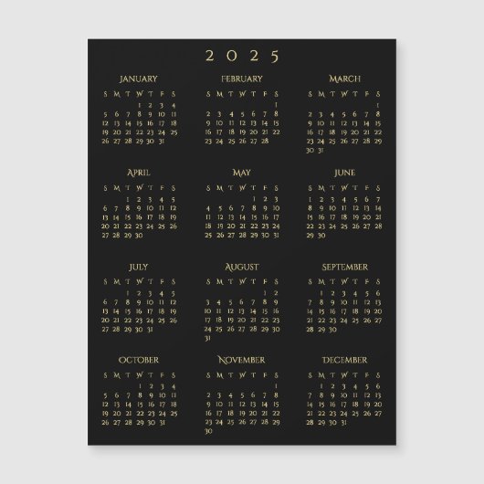 2025 Schwarzes Jahr-Kalender-Magnet für Schwarzes Magnetkarte (Vorderseite)