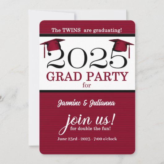 2025 Twin Graduate Red Pinstripe Foto Abschluss Einladung (Vorderseite)