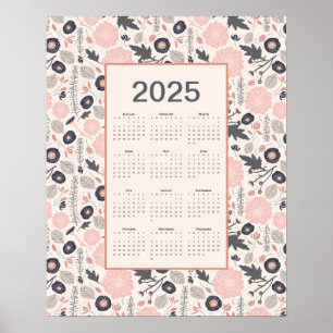 2025 Volljähriger Kalender Rosa Grau Botanisch Poster