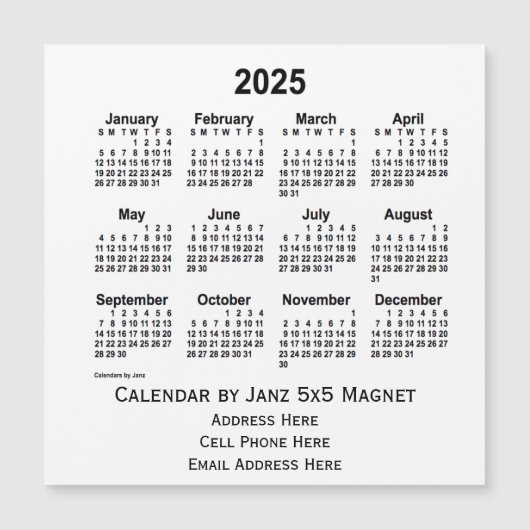 2025 White Business Calendar von Janz 5x5 Magnet (Vorderseite)