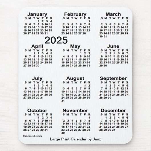 2025 White Large Print Calendar von Janz Mousepad (Vorne)
