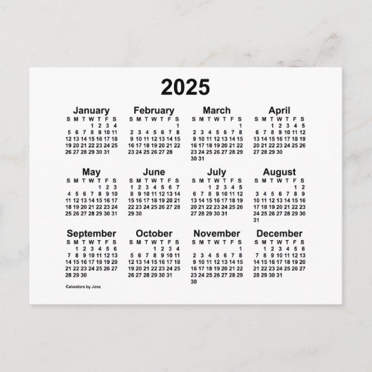 2025 White Mini Calendar von Janz Postcard Postkarte (Vorderseite)