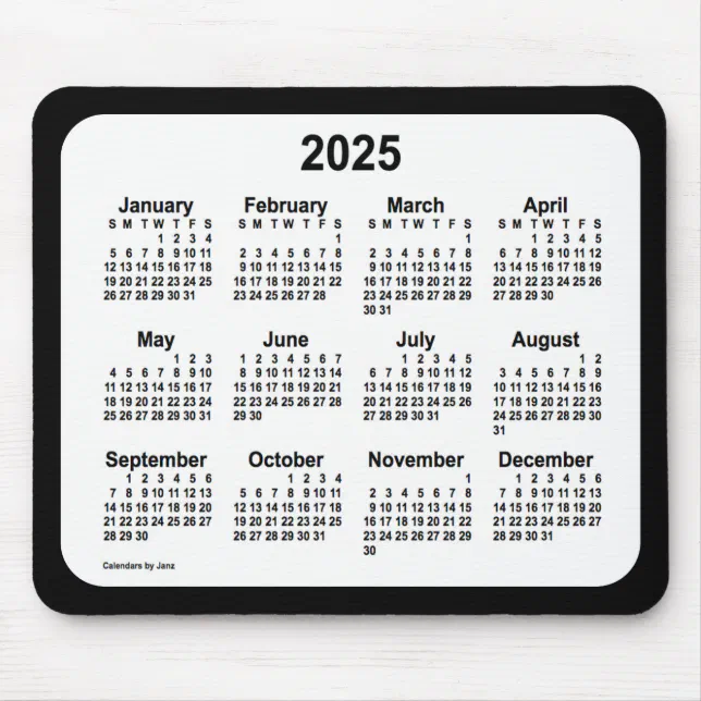 2025 White on Black Calendar by Janz Two Tone Mousepad Zazzle.de