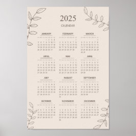 2025 Yearly Calendar Floral Line Art Minimalistisc Poster