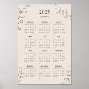 2025 Yearly Calendar Floral Line Art Minimalistisc Poster