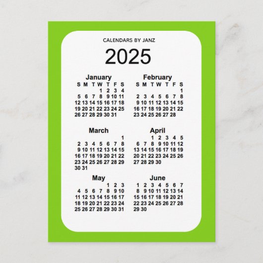 2025 Yellow Green 6 Month Mini Calendar von Janz Postkarte (Vorderseite)