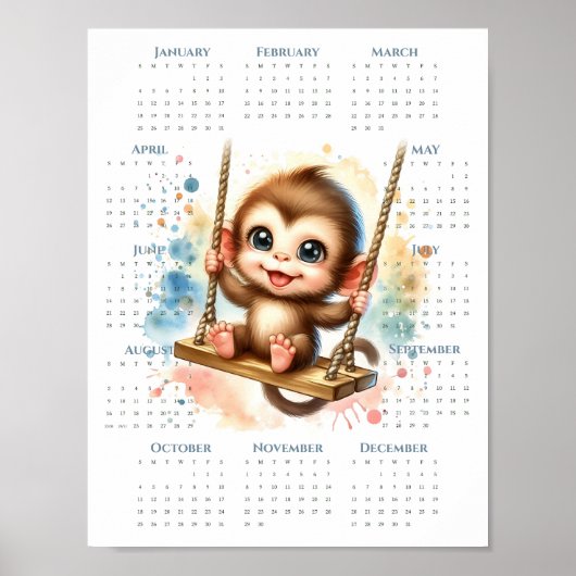 2026 1-Page Calendar Cute Monkey on Swing Jungle Poster (Vorne)