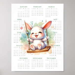 2026 1-Seiten-Kalender Süßer Hase auf Schaukel Whi Poster