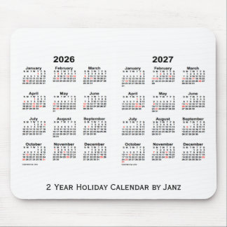2026-2027 weißer 2-jähriger Feiertags-Kalender Mousepad