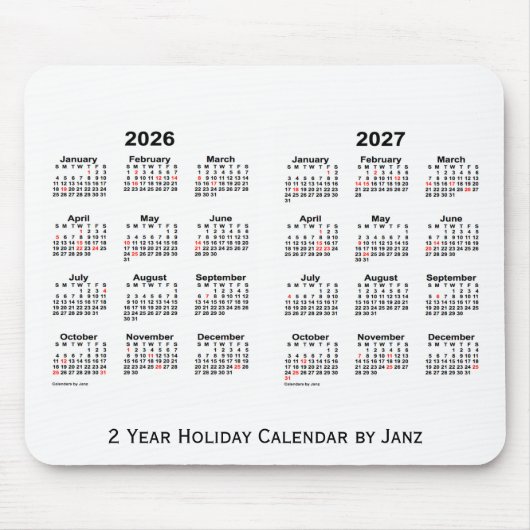 2026-2027 weißer 2-jähriger Feiertags-Kalender Mousepad (Vorne)