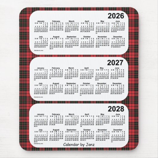 2026-2028 Roter Karierter Dreijahreskalender von J Mousepad (Vorne)