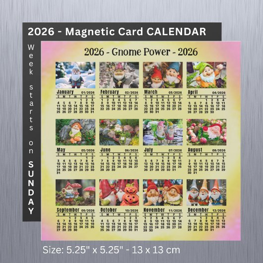 2026 Benutzerdefiniertes Foto Gnome Kalender Sonnt Magnetkarte