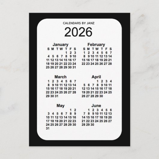 2026 Black 6 Month Mini Kalender von Janz Postkarte (Vorderseite)