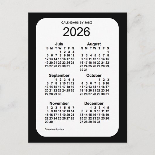 2026 Black 6 Month Mini Kalender von Janz Postkarte (Vorderseite)