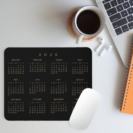 2026 Black Gold Full Year Calendar Home Office Mousepad