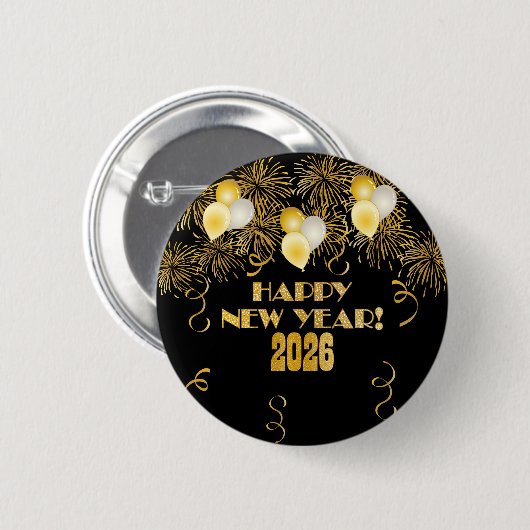 2026 Black Gold Glitter New Year's Eve Party Button (Vorne & Hinten)