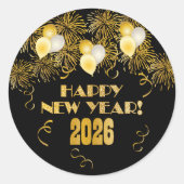2026 Black Gold Glitter New Year's Eve Party Runder Aufkleber (Vorderseite)