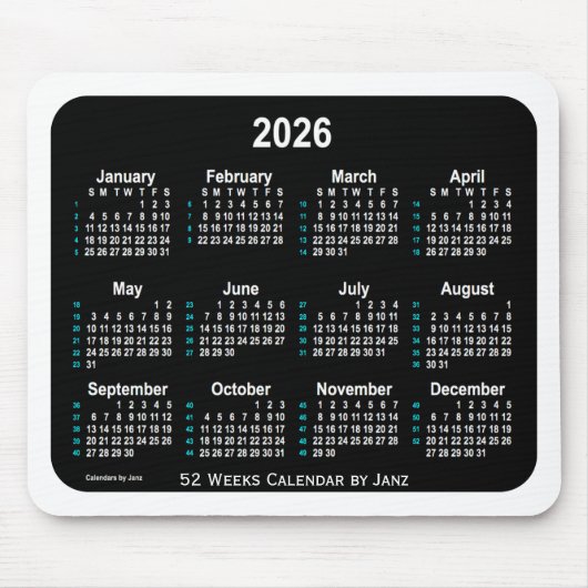 2026 Black Neon 52 Weeks Calendar von Janz Mousepad (Vorne)