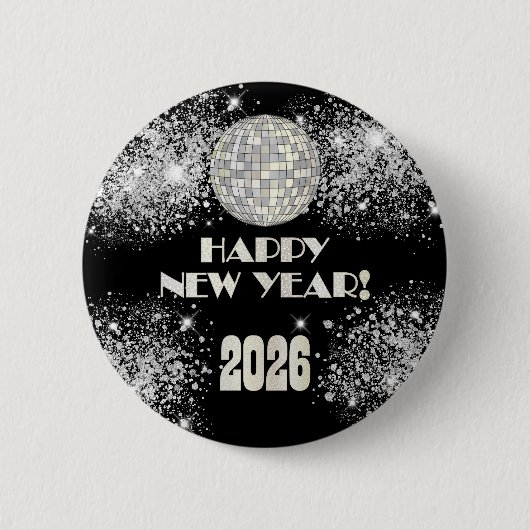 2026 Black Silver Glitter New Year's Eve Party  Button (Vorderseite)