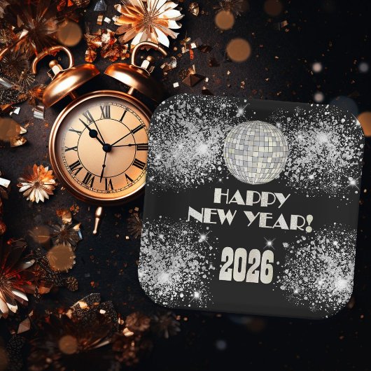 2026 Black Silver Glitter New Year's Eve Party Pappteller