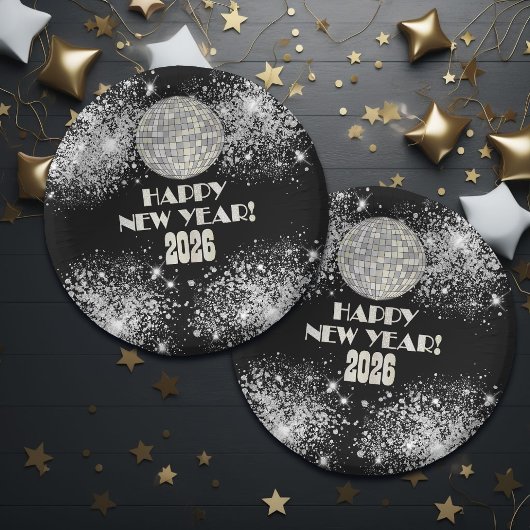 2026 Black Silver Glitter New Year's Eve Party  Pappteller