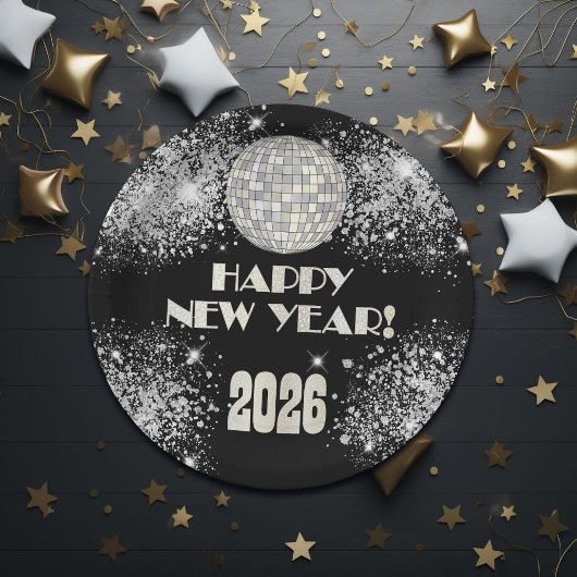 2026 Black Silver Glitter New Year's Eve Party Pappteller