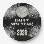 2026 Black Silver Glitter New Year's Eve Party  Pappteller (Vorderseite)